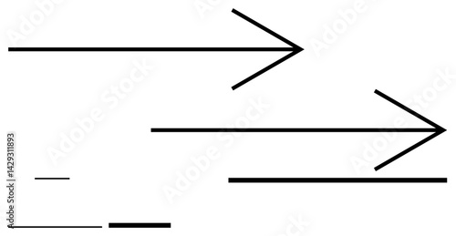 Three black arrows pointing right, varying in size, symbolizing movement, progress, or alignment. Ideal for navigation, speed, progress, growth efficiency direction and simple landing page