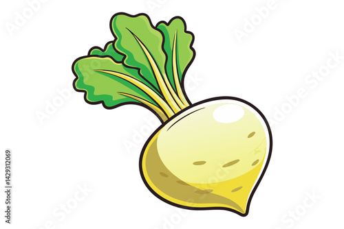 Bright turnip illustration with vibrant green leaves and a shiny yellow bulb, ideal for educational or food related projects