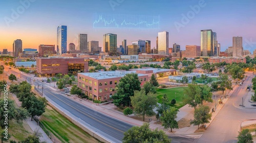 Denver city skyline panorama at dawn, showcasing urban sprawl.