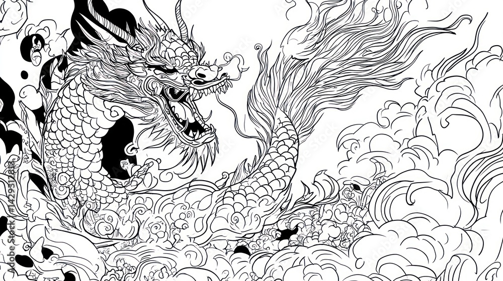 Fototapeta premium Eastern dragon flying through swirling clouds and water, use for coloring pages