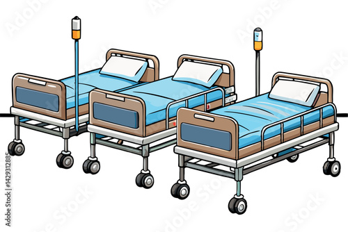 A series of hospital beds with intravenous drips and clean, blue sheets set in a medical facility showing the interior of a hospital room