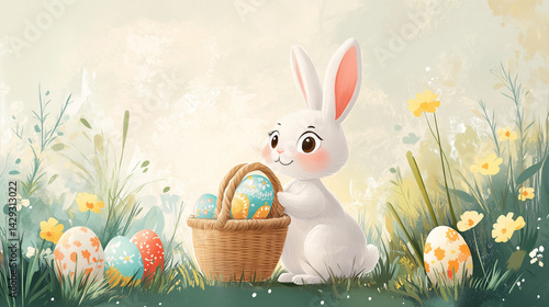 Cheerful Easter illustration with colorful decorated eggs, green grass and cute bunny holding basket - bright pastel color palette, soft lighting, whimsical and joyful atmosphere, suitable for holiday