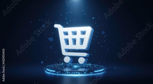 Digital Shopping Cart Icon Illuminated in Blue Light  