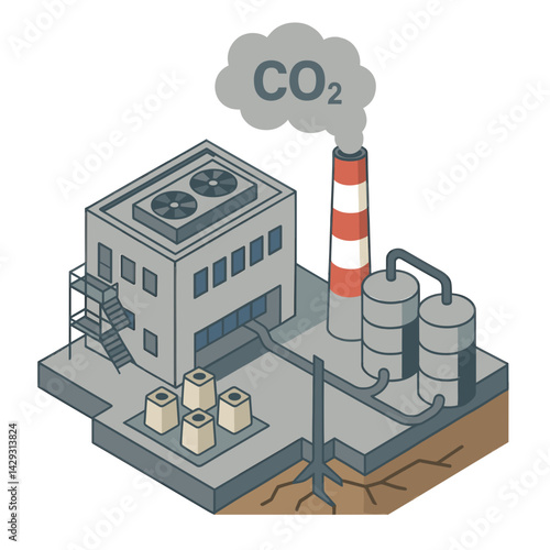 Isometric Vector Infographic of Industrial Carbon Capture Plant on White Background