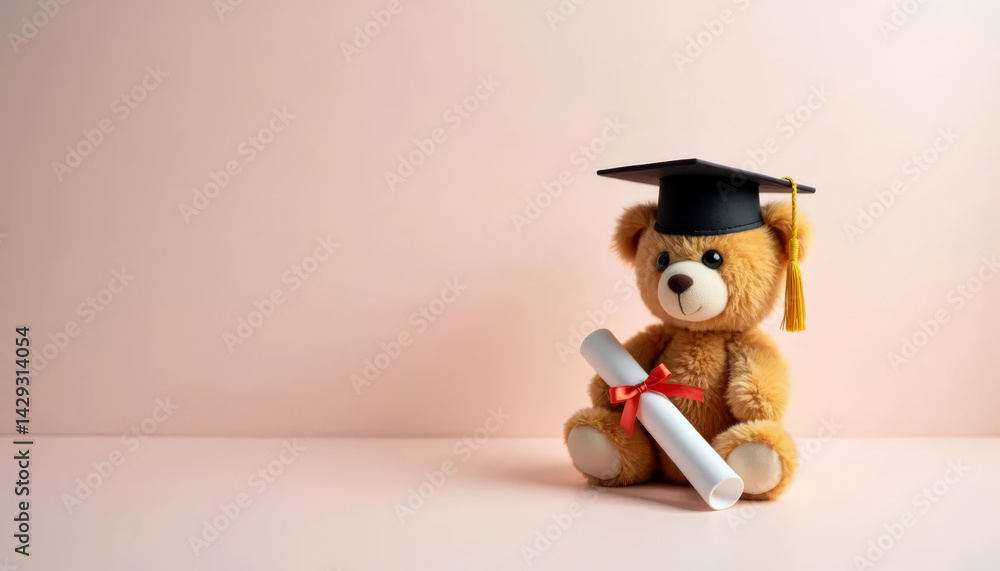 Teddy bear with graduation cap and diploma on pastel pink background.