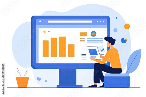Person reviewing data on a large monitor.  Data analysis, report review, and online dashboard are being used