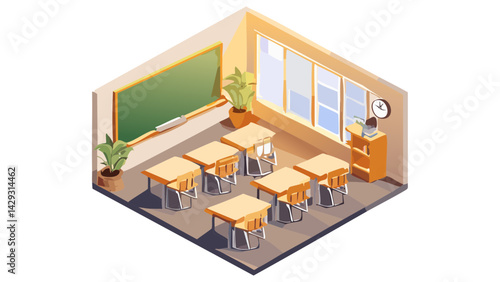 Empty classroom scene with desks, blackboard, and sunlight through windows, isometric vector illustration.