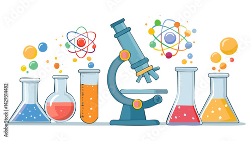 Science lab vector with beakers, microscope, and atoms, colorful educational style.