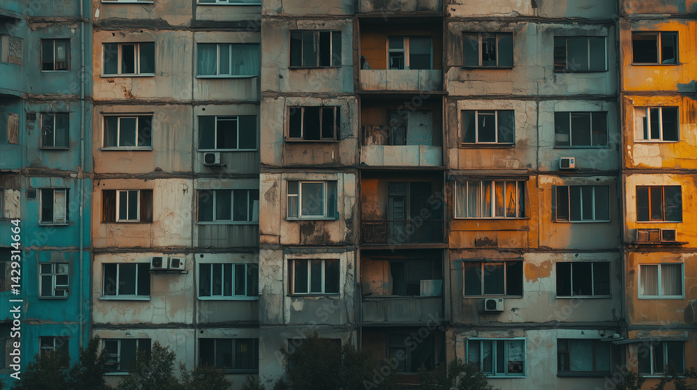 Decaying urban apartment block with worn concrete facade and broken windows in dramatic sunset light. Decaying urban apartment block with worn concrete facade and broken windows in dramatic sunset light.