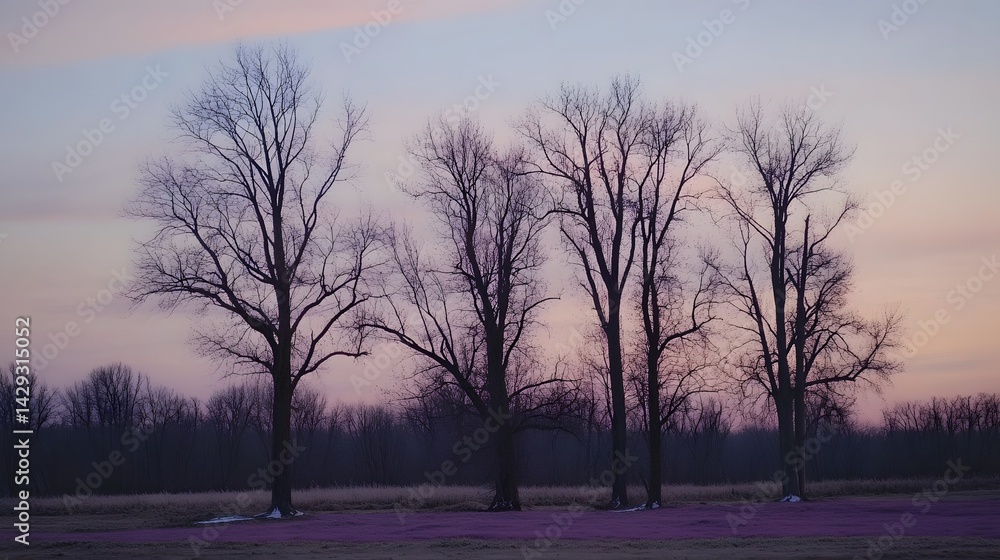 Silhouette Trees Purple Sunset Field Landscape Silhouette Trees Purple Sunset Field Landscape