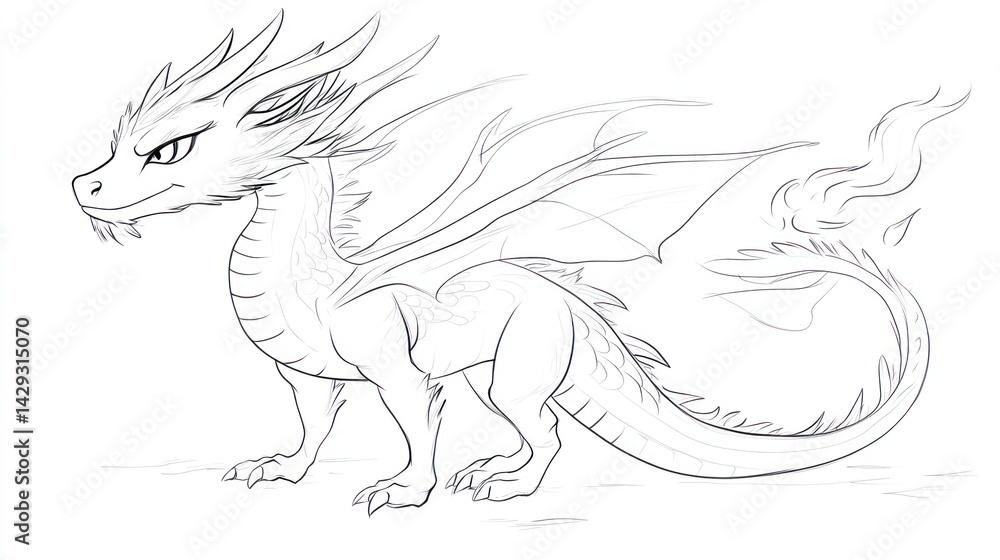 Obraz premium Dragon stands, outlines, illustration. Fantasy art for coloring, story books