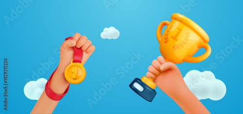 Winner Hands Holding Gold Trophy and Medal on Blue Sky Background, Celebrating First Place Victory and Achievement. 3D Cartoon Style. Vector Illustration