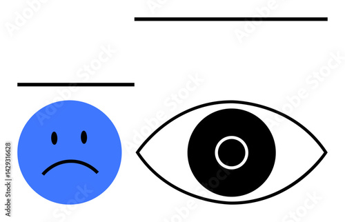 Blue sad face next to simplified black-and-white eye with minimal lines conveying emotion, observation, and focus. Ideal for emotion, psychology, surveillance, mindfulness, awareness, simplicity