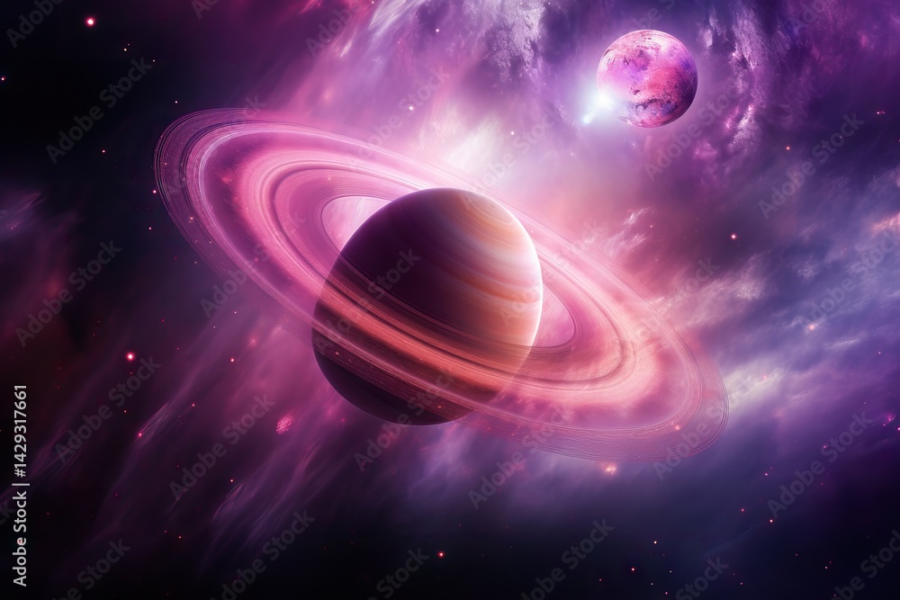 Saturn-like planet with vibrant pink rings in cosmic nebula. Distant moon and stars visible. Artistic space illustration showcasing exoplanet exploration and astronomy concept Saturn-like planet with vibrant pink rings in cosmic nebula. Distant moon and stars visible. Artistic space illustration showcasing exoplanet exploration and astronomy concept