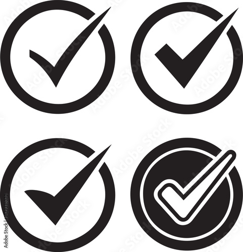 Check Mark Set: A collection of four distinct check marks, each encapsulated within a circular frame, symbolizing choices and affirmations, perfect for illustrating concepts of confirmation.