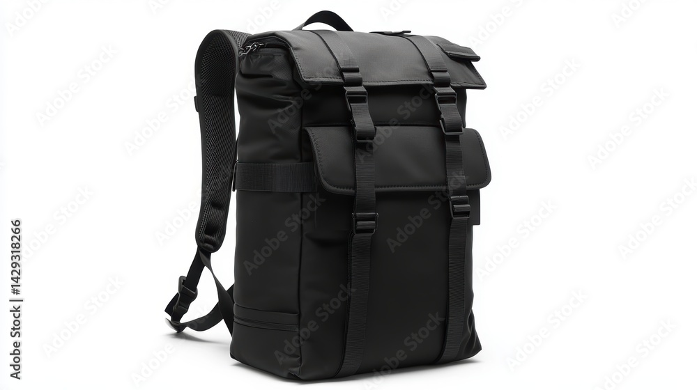 Naklejka premium Black backpack with minimalist graphic detailing, padded shoulder straps, and durable zippers, isolate on white background