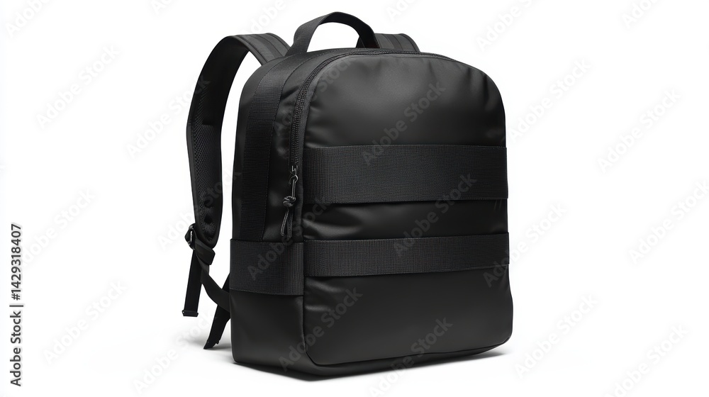 Naklejka premium Black backpack with minimalist graphic detailing, padded shoulder straps, and durable zippers, isolate on white background