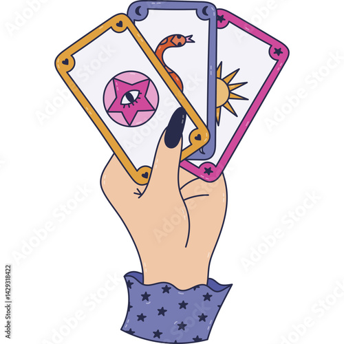 Lovely line cartoon women hand with tarot cards as symbol of fortune teller, divination, future reading. Hand drawn doodle of cartomancy with cards with pentagram, all seeing eye, snake esoteric sun.
