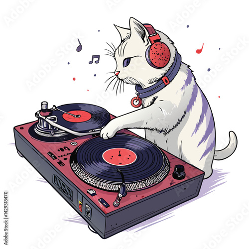 A three-eyed feline DJ, wearing headphones, skillfully spins a vinyl record on a broken turntable, amidst scattered vinyl fragments.  Surreal, whimsical, vibrant colors.