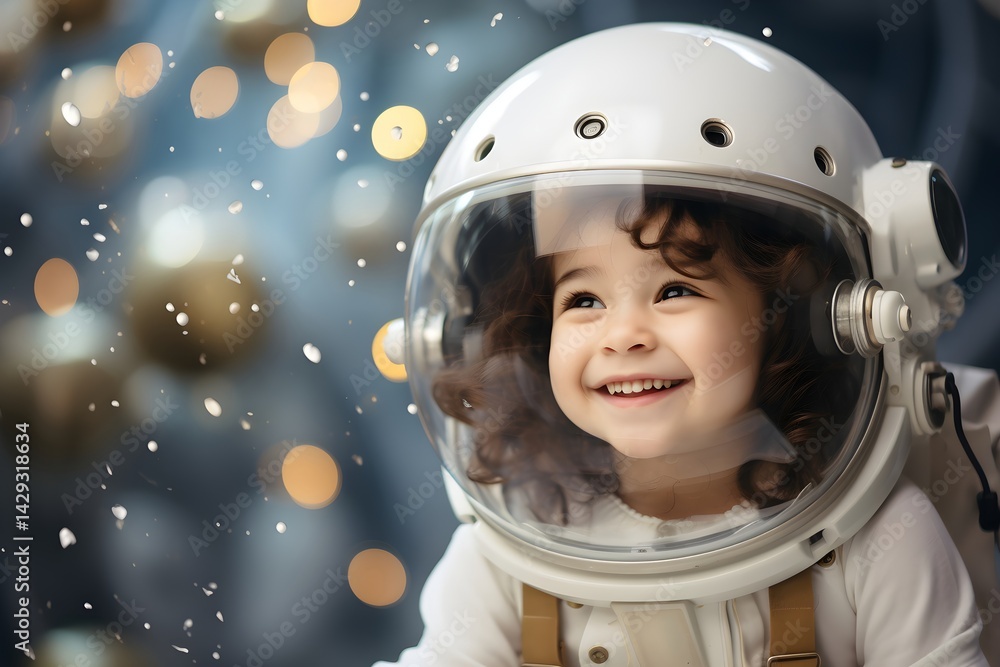 Smiling child in astronaut helmet with festive lights background. Space exploration dream for kids. Future scientist concept. Inspiring young minds in STEM education. Smiling child in astronaut helmet with festive lights background. Space exploration dream for kids. Future scientist concept. Inspiring young minds in STEM education.