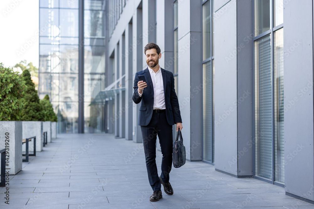 A smartly dressed businessman walks outdoors while checking his phone. He is carrying a briefcase, showcasing a modern professional lifestyle near a building.