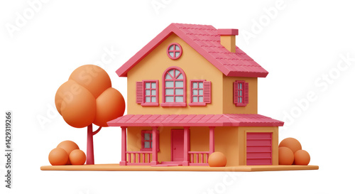 Isolated Cartoon Suburban House with Peach Theme