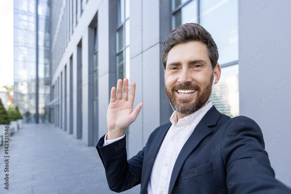 A smiling man waves at the camera while wearing a suit and earpieces, outside a modern building. It's a self-portrait.