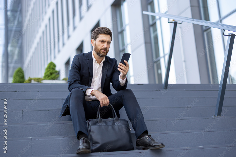 A concerned businessman wearing a suit checks his phone while sitting on outdoor steps near a modern building. He holds a briefcase.