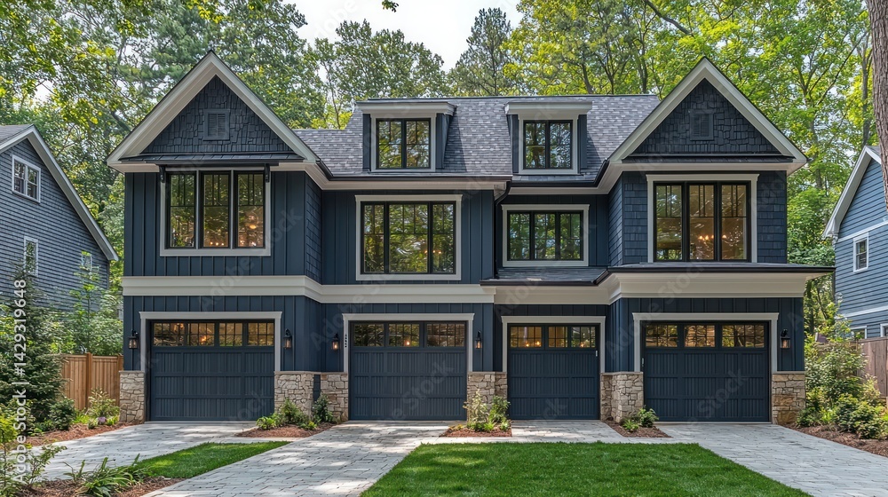 Blue townhouses, with garage and dormer windows, outdoors Blue townhouses, with garage and dormer windows, outdoors