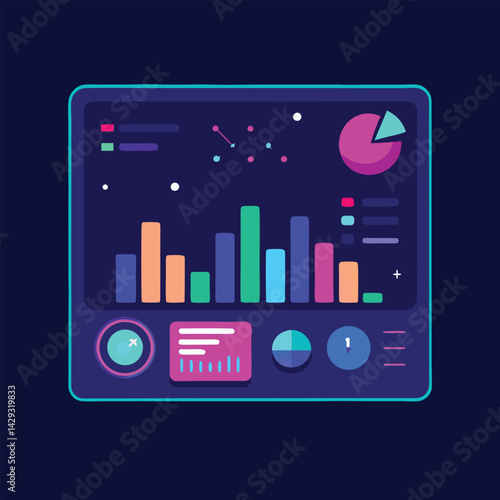 Futuristic fintech dashboard UI with glowing graphs and data visualization, 3D render