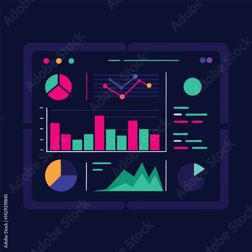 Futuristic fintech dashboard UI with glowing graphs and data visualization, 3D render