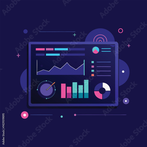 Futuristic fintech dashboard UI with glowing graphs and data visualization, 3D render