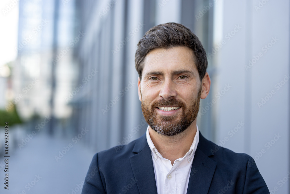 A smiling businessman poses outside of an office building. He is wearing a suit and looking at the camera with a friendly expression.