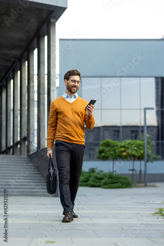 Obraz na płótnie A stylish businessman walks outside, engrossed in his smartphone, carrying a briefcase near a modern building. w salonie