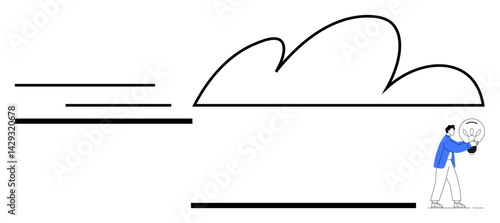 Individual carrying a lightbulb under a cloud with sleek motion lines, symbolizing ideas, innovation, energy, and progress. Ideal for technology, sustainability, brainstorming, startup cloud-based
