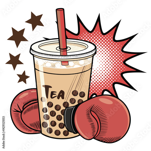 Illustrate a vibrant boba tea adorned with miniature boxing gloves, encased within a playful pop bubble frame.  Focus on bright, contrasting colors.