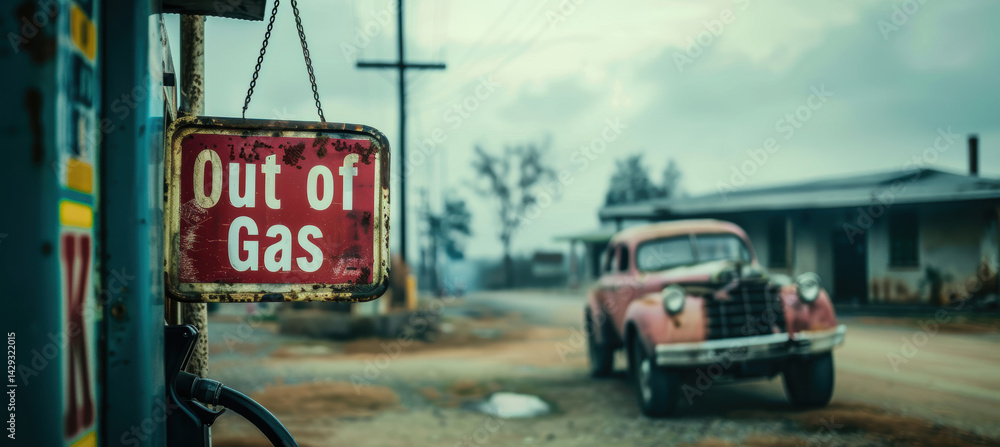 Out of Gas Sign at Deserted Gas Station with Vintage Car in Background