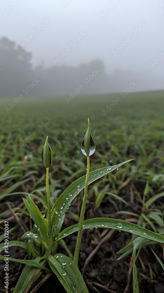 Obraz premium Misty Morning Dewdrops on Grass Shoots Stunning Nature Photography