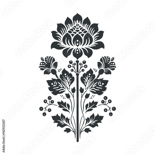 Vector linocut floral poster template. Modern trendy minimal style. Black and white colors. Botanical blockprint. Folk art design for wallpaper, wall decor, print, postcard, cover, template.