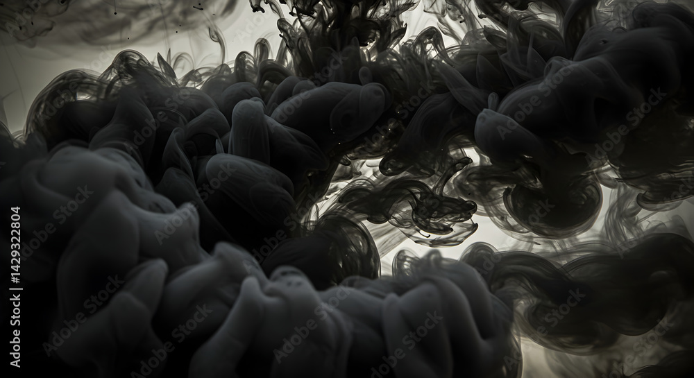 Obraz premium Abstract Black Ink Clouds Forming Fluid Patterns Against Soft Light Backdrop