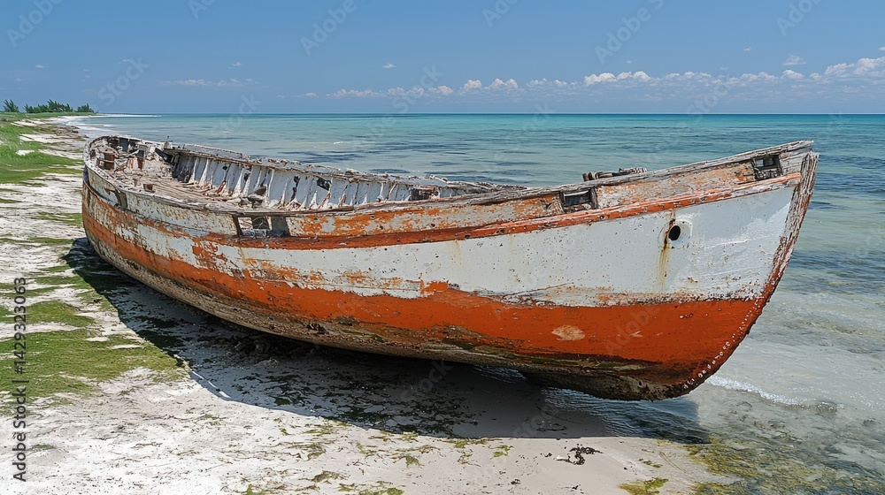 Rusty Old Wooden Boat on Sandy Beach Rusty Old Wooden Boat on Sandy Beach