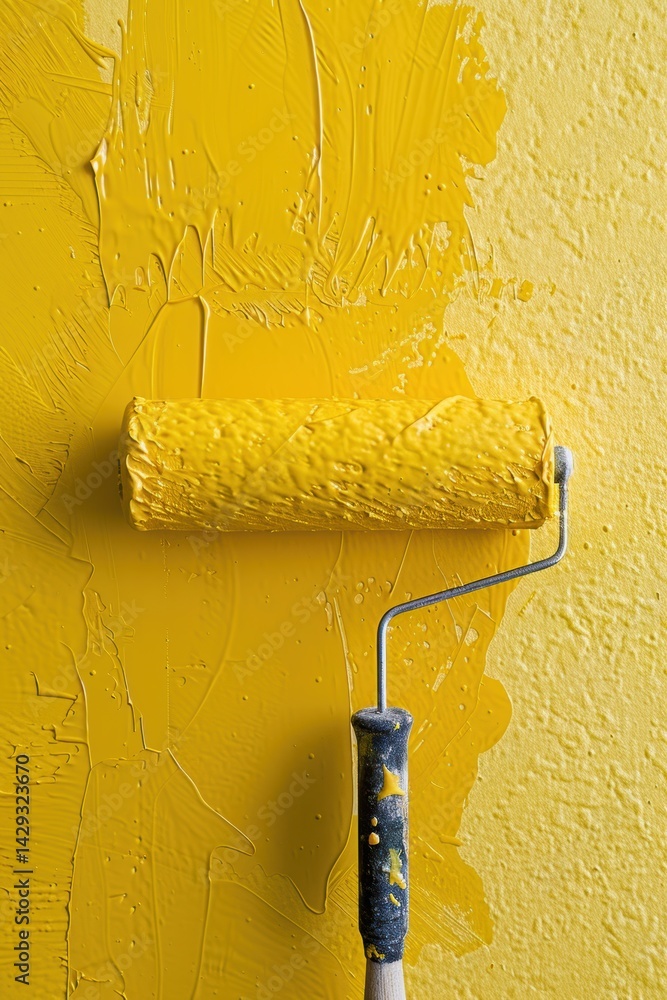 Vibrant Yellow Paint Roller Adding Warmth to Indoor Wall Decoration Project