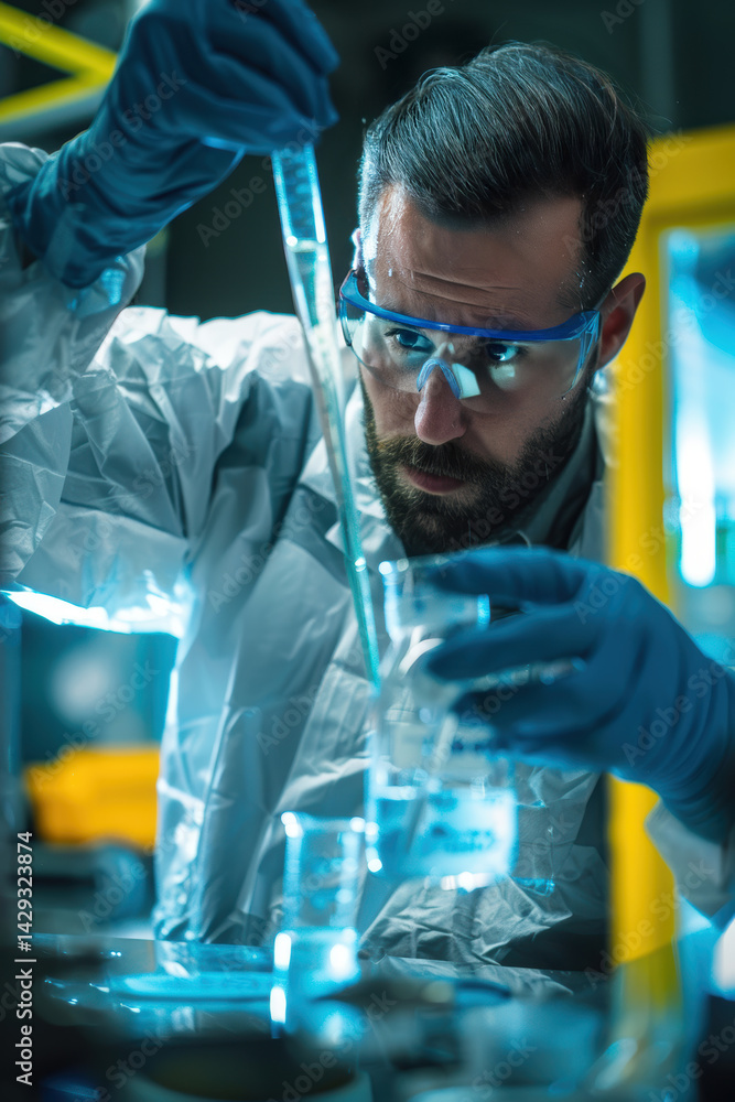 Scientist Handling Liquid Hydrogen in Laboratory with Protective Gear