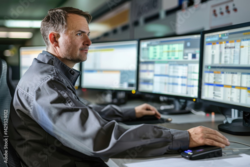 Obraz na płótnie Security Guard Monitoring RFID Access Logs in High-Tech Control Room w salonie