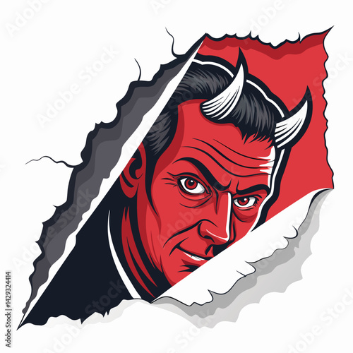A ripped campaign poster reveals a hidden demonic face, suggesting hidden agendas or corruption within political power.  The poster's design is distressed and partially obscured.