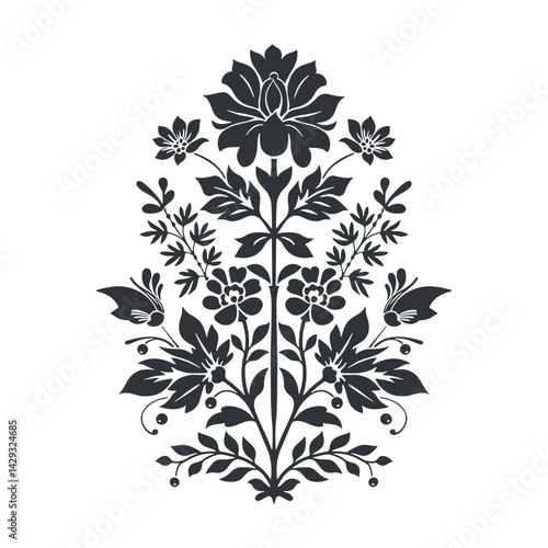 Vector linocut floral poster template. Modern trendy minimal style. Black and white colors. Botanical blockprint. Folk art design for wallpaper, wall decor, print, postcard, cover, template.