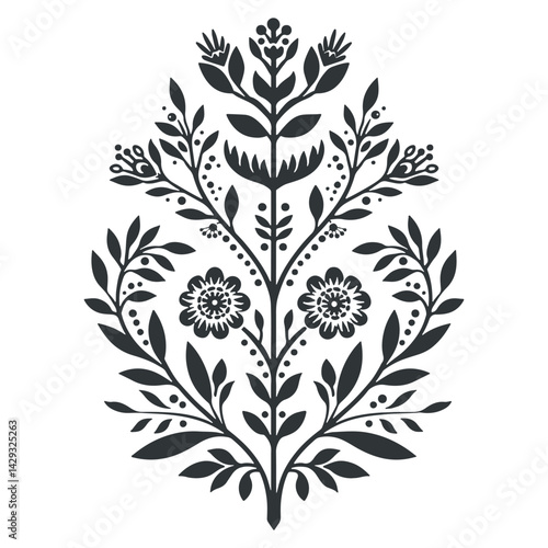 Vector linocut floral poster template. Modern trendy minimal style. Black and white colors. Botanical blockprint. Folk art design for wallpaper, wall decor, print, postcard, cover, template.