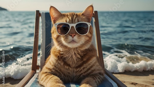 Cat on deckchair wearing sunglasses, sea background.