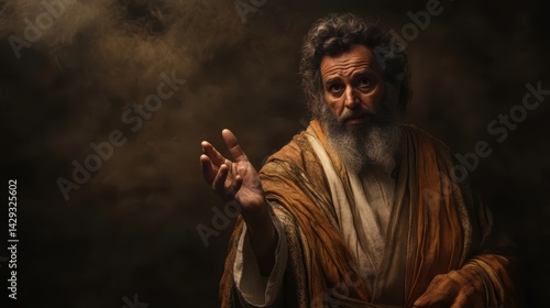 Aaron in Hebrew Priestly garments with a kind face looking straight forward with his hand outstretched, praying the Aaronic blessing foggy misty background detailed.