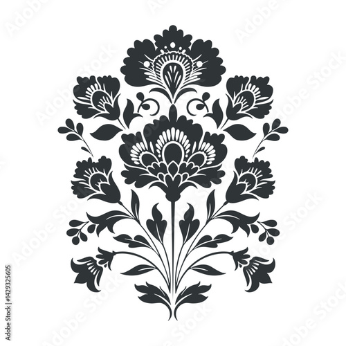 Vector linocut floral poster template. Modern trendy minimal style. Black and white colors. Botanical blockprint. Folk art design for wallpaper, wall decor, print, postcard, cover, template.
